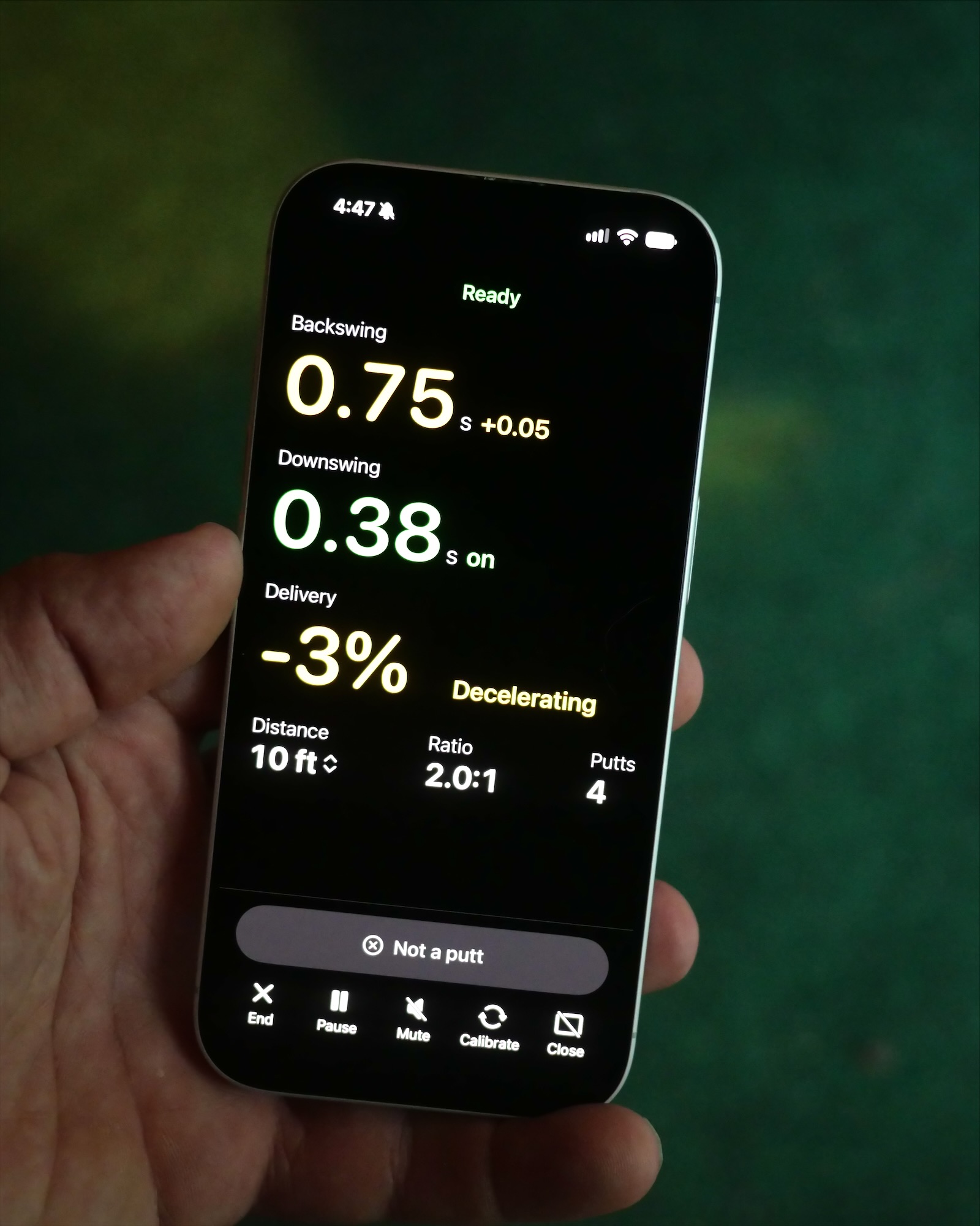 The Measure screen on iPhone: backswing 0.75 s, downswing 0.38 s on target, Delivery −3% decelerating.