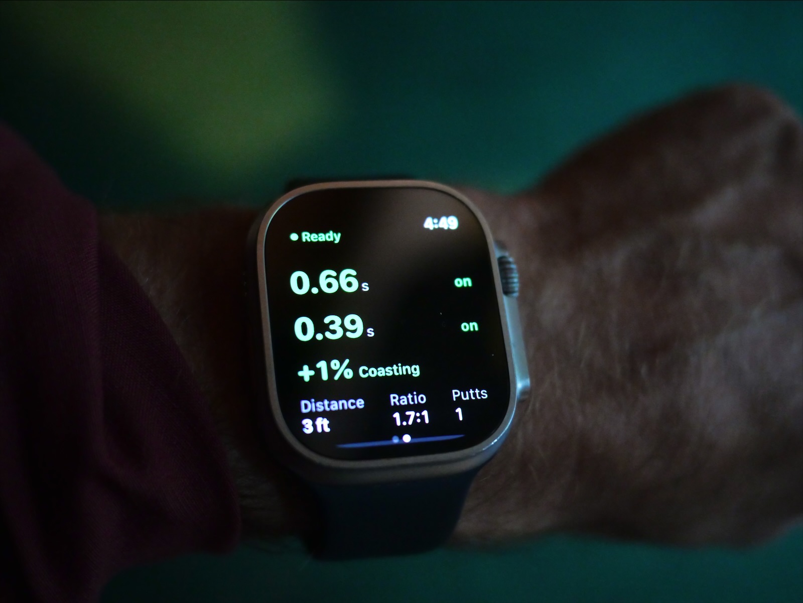 An Apple Watch Ultra on a wrist showing 0.66 s, 0.39 s, +1% Coasting, 3 ft, ratio 1.7:1.